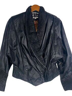Vintage G-III Black Leather Dolman Sleeve Jacket Embossed Snap Front M 80s 90s